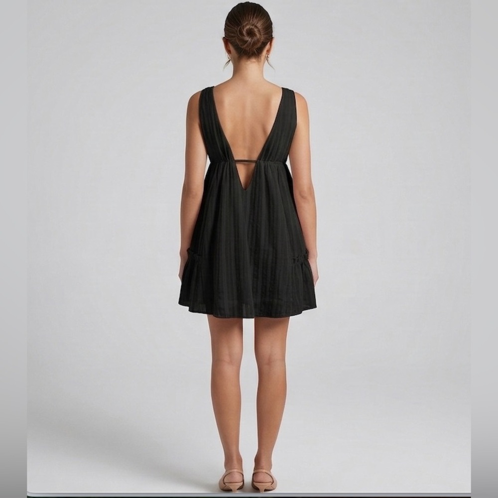 Ethereal 100% Cotton Deep V-Neck Babydoll Mini Dress Black - Picture 5 of 7